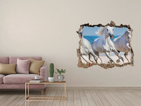 Wandsticker 3D doorkijk Witte paarden op het strand