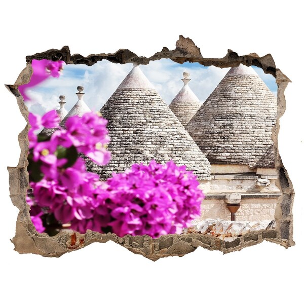 Wandsticker 3D doorkijk Trulli in Puglia met bloemen