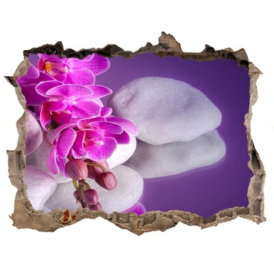 Zelfklevende 3D wandsticker illusie Orchideeën tegen een achtergrond van stenen.