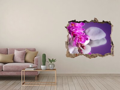 Zelfklevende 3D wandsticker illusie Orchideeën tegen een achtergrond van stenen.