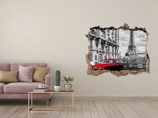 Zelfklevende 3D wandsticker illusie Rode auto in Parijs
