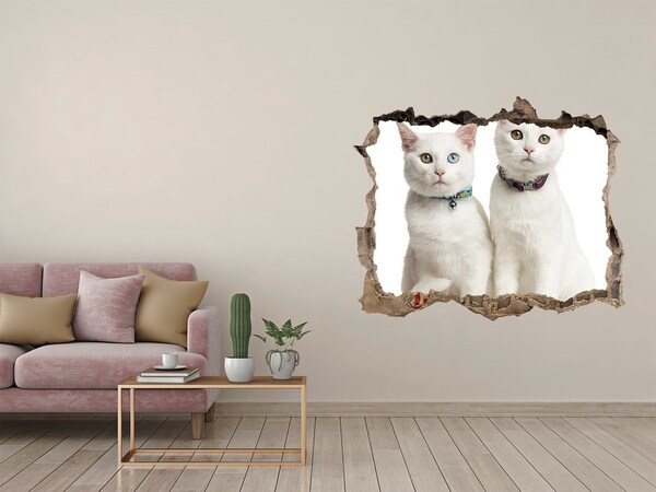 Wandsticker 3D gat met uitzicht Twee witte katten in een gat in de muur