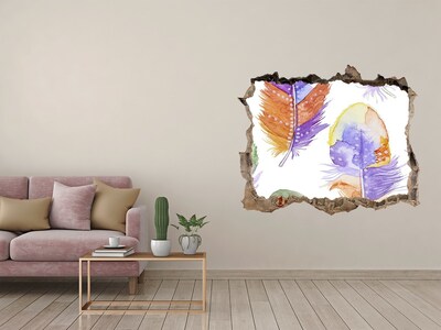 Wandsticker 3D doorkijk Kleurrijke veren op de muurachtergrond