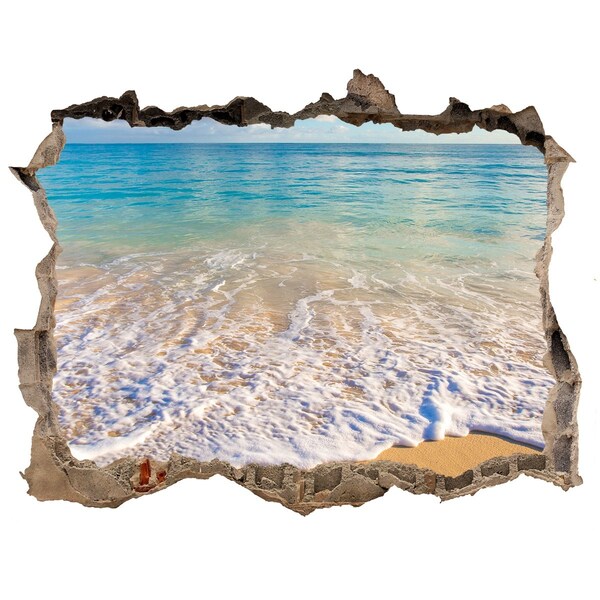 Wandsticker 3D gat met uitzicht Caribisch strand door een gat in de muur