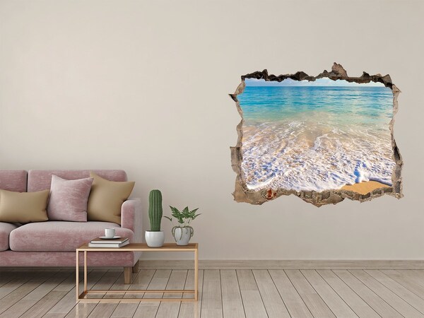Wandsticker 3D gat met uitzicht Caribisch strand door een gat in de muur