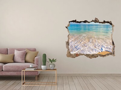 Wandsticker 3D gat met uitzicht Caribisch strand door een gat in de muur