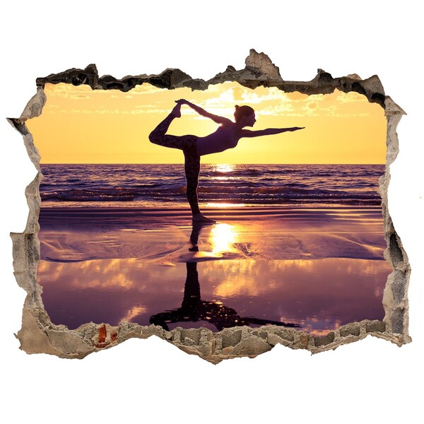 Wandsticker 3D gat met uitzicht Yoga op het strand bij zonsondergang