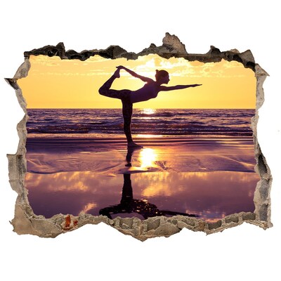 Wandsticker 3D gat met uitzicht Yoga op het strand bij zonsondergang