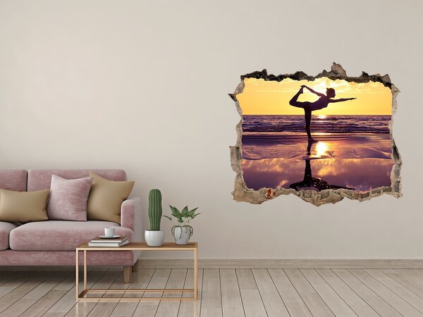 Wandsticker 3D gat met uitzicht Yoga op het strand bij zonsondergang