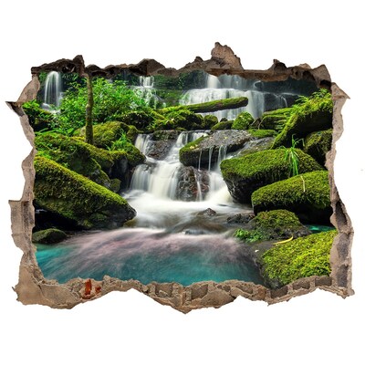 Zelfklevende muursticker 3D gat Een waterval te midden van het groen.