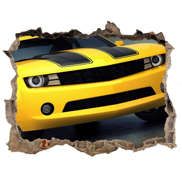Dziura 3d fototapeta naklejka Zniszczony mur z żółtym samochodem