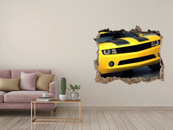 Dziura 3d fototapeta naklejka Zniszczony mur z żółtym samochodem