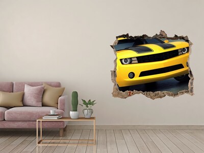 Zelfklevende 3D wandsticker illusie Een verwoeste muur met een gele auto.
