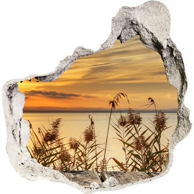 Zelfklevende muursticker 3D gat Zonsondergang boven het meer