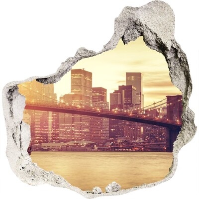3D wandsticker gat in de muur Brooklyn Bridge bij zonsondergang