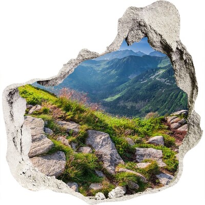 3D wandsticker gat in de muur Uitzicht op de bergen met de vallei