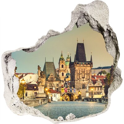 3D wandsticker gat in de muur Praag in het licht van de zonsondergang