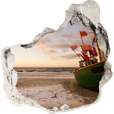 3D wandsticker gat in de muur Een baai met een vissersboot