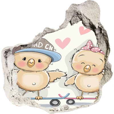 Zelfklevende muursticker 3D gat Schattige vogeltjes op een skateboard