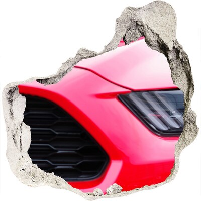 3D muursticker effect gat in de muur Rode sportwagen door een gat in de muur