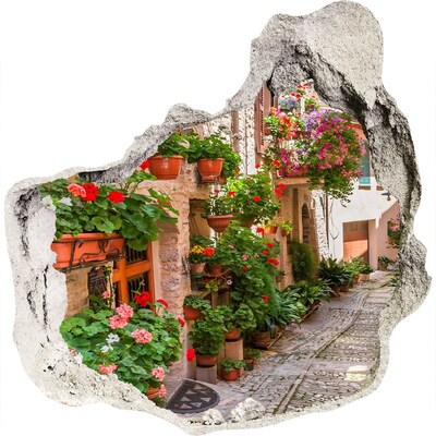 3D muursticker effect gat in de muur Een charmant hoekje met bloemen