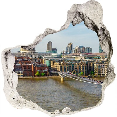 Zelfklevende muursticker 3D gat Uitzicht op Londen door een gat in de muur.