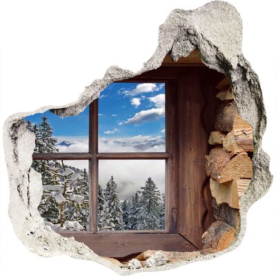 3D muursticker effect gat in de muur Winteruitzicht vanuit het raam