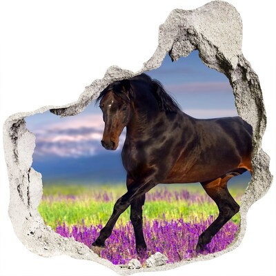 3D wandsticker gat in de muur Een paard tegen een bloemenveld.