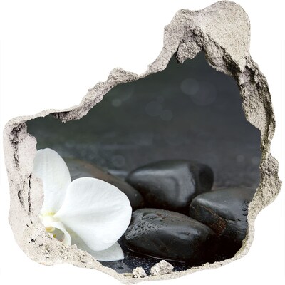 3D muursticker effect gat in de muur Bloemen en stenen tegen een achtergrond van water.