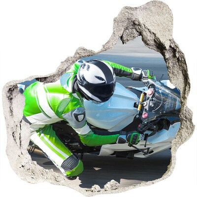 3D wandsticker gat in de muur Motorrace in actie.
