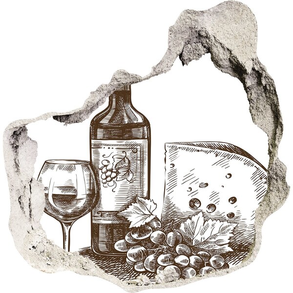 Naklejka 3D dziura samoprzylepna Wino i ser na tle zniszczonej ściany