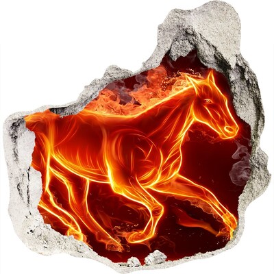 Zelfklevende muursticker 3D gat Burning Horse in a Hole in the Wall