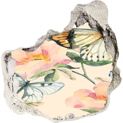 3D muursticker effect gat in de muur Een bloemenparadijs met vlinders