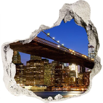 3D muursticker effect gat in de muur Brooklyn Bridge 's nachts