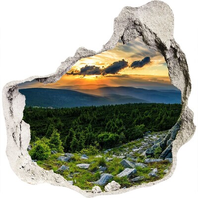 Zelfklevende muursticker 3D gat Zonsondergang in de bergen