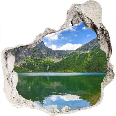 3D muursticker effect gat in de muur Berglandschap aan het meer