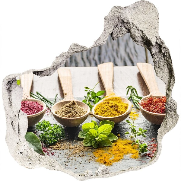 Naklejka 3D dziura na ścianę Kuchenne przyprawy w drewnianych łyżkach