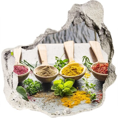 Naklejka 3D dziura na ścianę Kuchenne przyprawy w drewnianych łyżkach