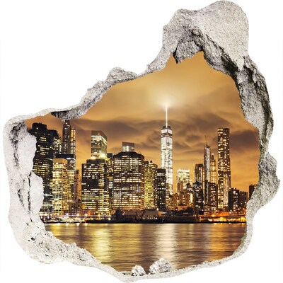 Zelfklevende muursticker 3D gat De skyline van New York 's nachts