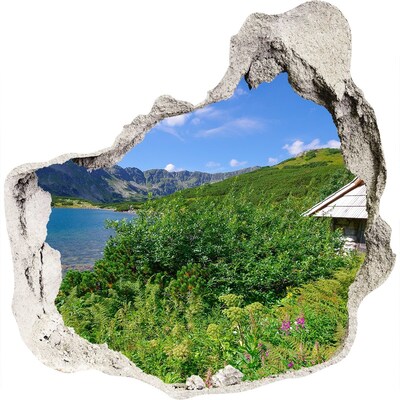 Zelfklevende muursticker 3D gat Berglandschap met een meer