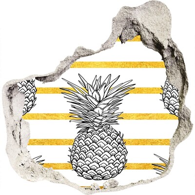 3D muursticker effect gat in de muur Ananas op een achtergrond van gouden strepen