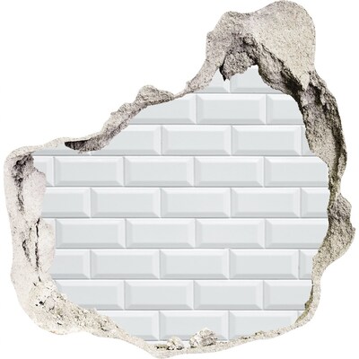 3D wandsticker gat in de muur Een beschadigde muur met witte tegels.