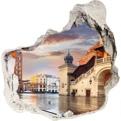 3D wandsticker gat in de muur Uitzicht op de stad met het marktplein
