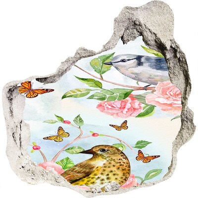 3D muursticker effect gat in de muur Vogels in de rozentuin