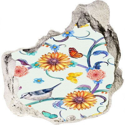 3D wandsticker gat in de muur Een bloemenparadijs achter het gat