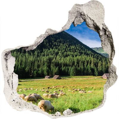 Zelfklevende muursticker 3D gat Groene vallei met schapen