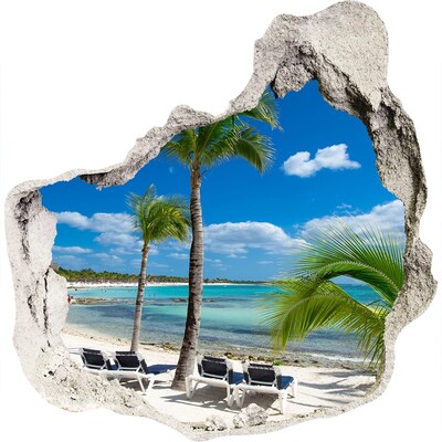Zelfklevende muursticker 3D gat Paradijselijk strand met palmbomen