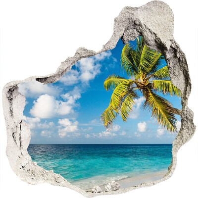 3D muursticker effect gat in de muur Tropisch strand met een palmboom