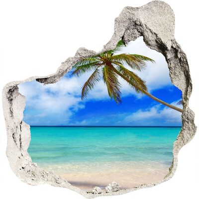 3D muursticker effect gat in de muur Tropisch strand met een palmboom