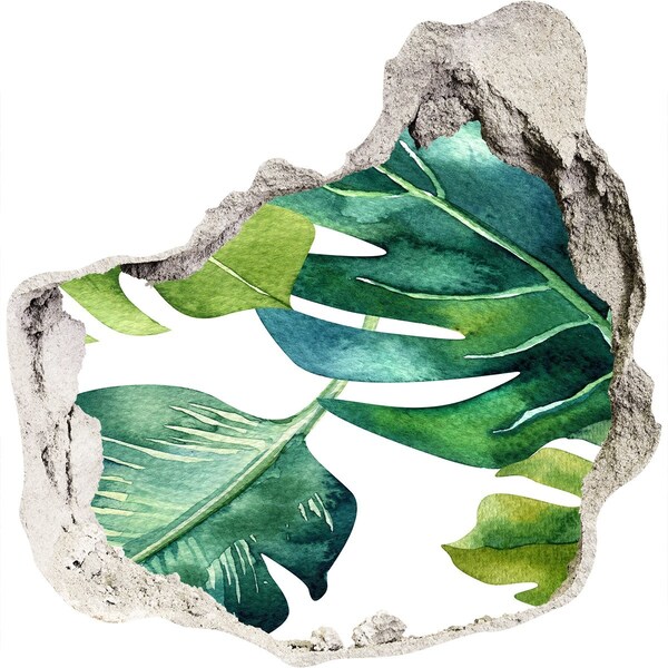 Naklejka 3D dziura na ścianę Zielone liście tropikalne w uszkodzonej ścianie